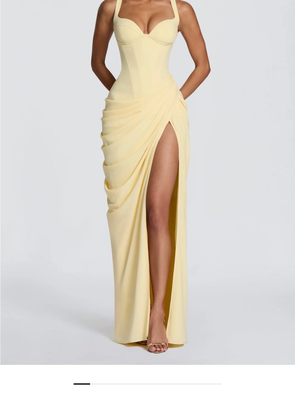 Strap Bustier Yellow Maxi Dress with Draped High Slit